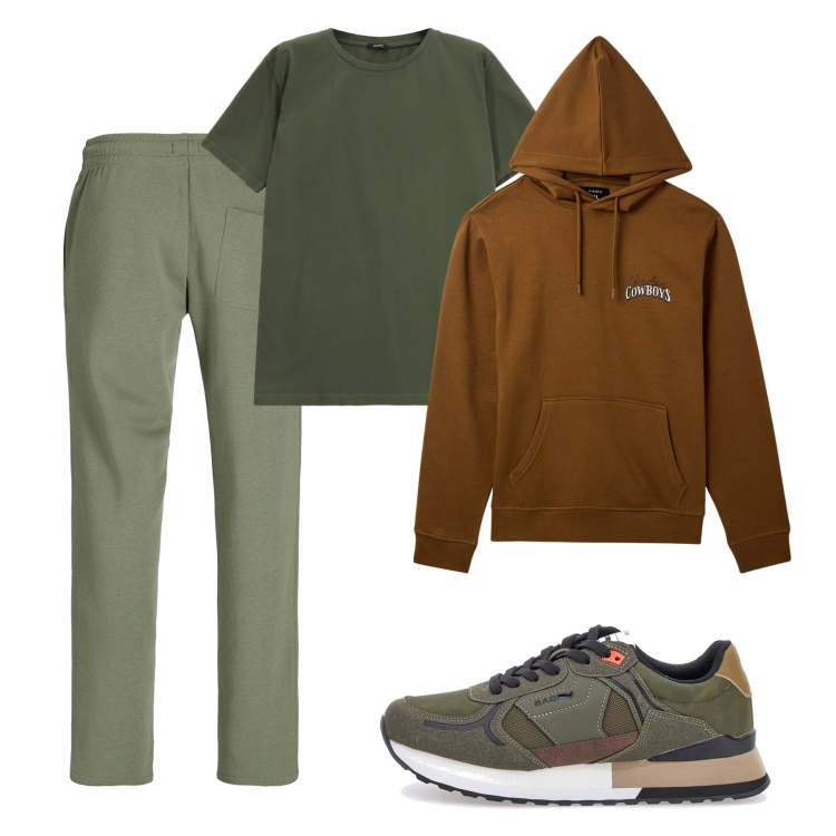 Outfit uomo - Muschio. Stile Casual per Tutti i giorni. Abbinamento con pantaloni, felpe con cappuccio, t-shirt, sneakers.