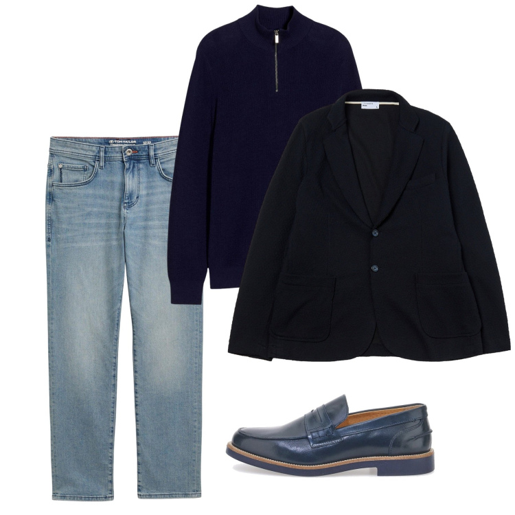 Outfit uomo - Blu. Stile Casual per Tutti i giorni. Abbinamento con maglieria, jeans dritti, giacche, scarpe stringate.