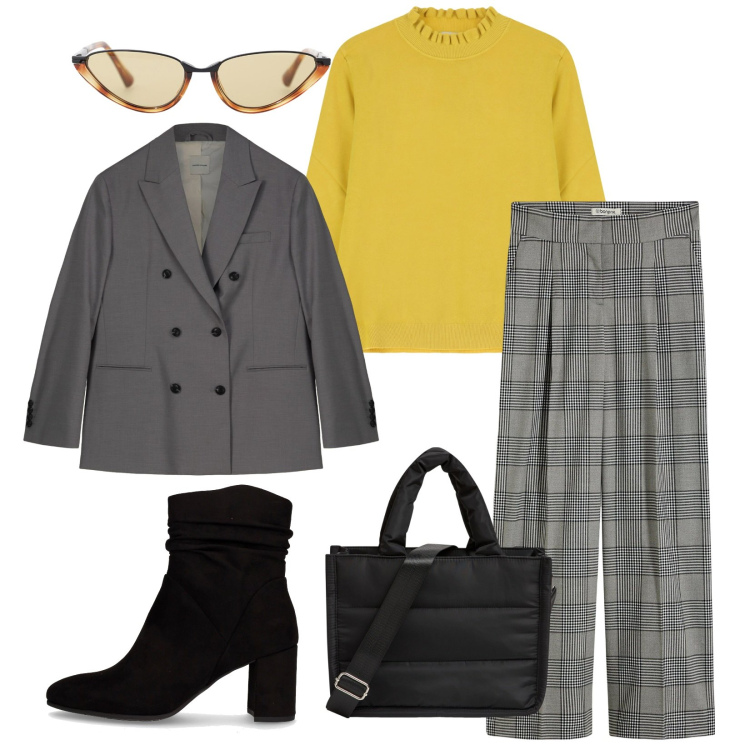 Outfit donna - Total look #2278908. Stile Casual chic per Tutti i giorni. Abbinamento con pantaloni, shopping bag, occhiali da sole, maglieria, blazer, stivaletti.