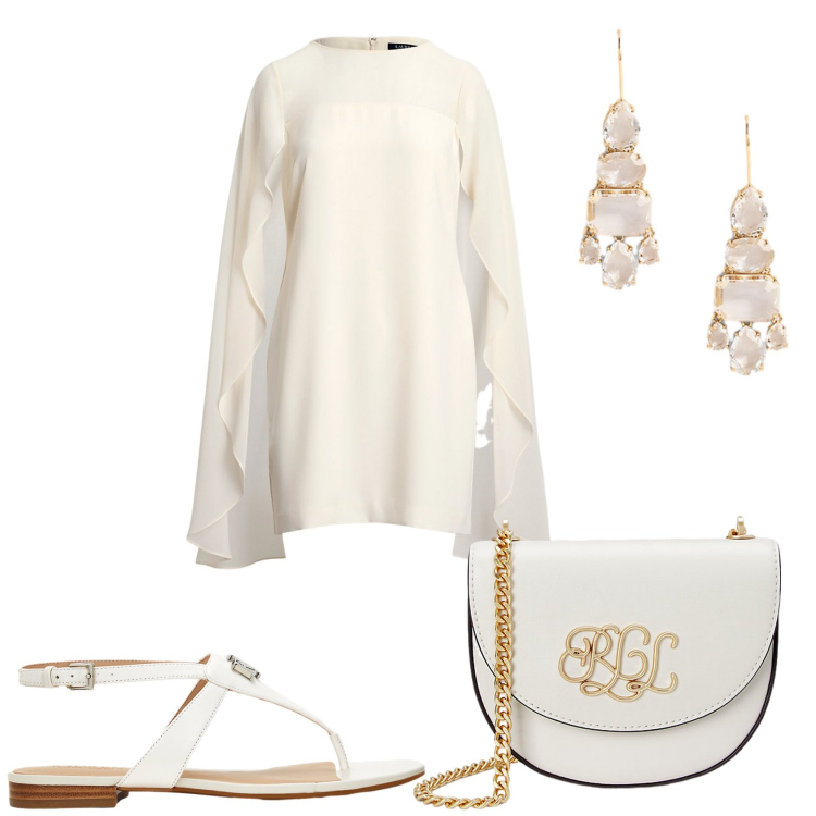 Outfit donna - Abito in georgette bianco. Stile Glamour per Tutti i giorni. Abbinamento con borse a tracolla, vestiti a tubino, orecchini, sandali in pelle.