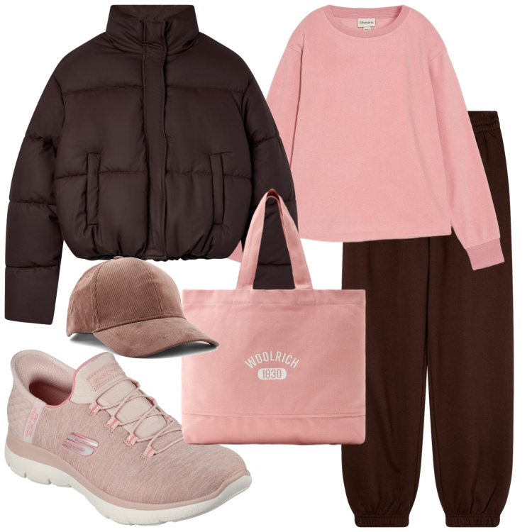 Outfit donna - Giornata attiva. Stile Sporty chic per Tutti i giorni. Abbinamento con maglieria, bomber, pantaloni, borse tote, sneakers, cappelli con visiera.