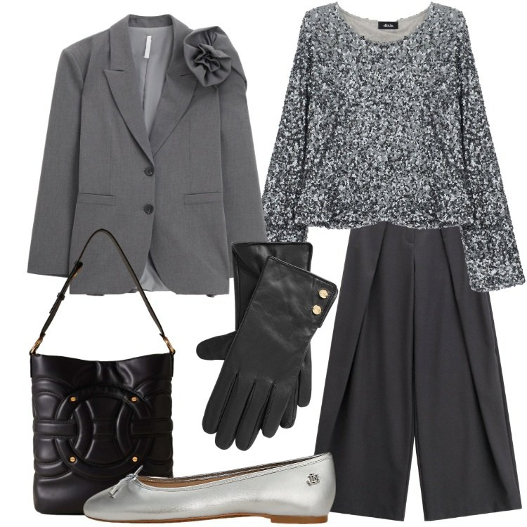 Outfit donna - Scala di grigi. Stile Trendy per Serata fuori. Abbinamento con blazer, borse a secchiello, pantaloni a palazzo, top, ballerine, guanti.