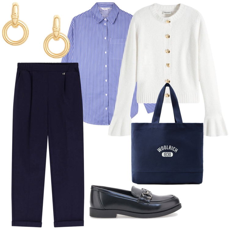 Outfit donna - Me. per Tutti i giorni. Abbinamento con cardigans, camicie, pantaloni, borse tote, orecchini, mocassini.