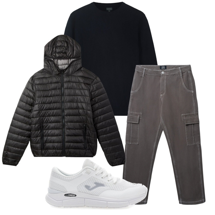Outfit uomo - Total look #2279083. Stile Urban per Tutti i giorni. Abbinamento con pantaloni cargo, piumini, sneakers, maglieria.