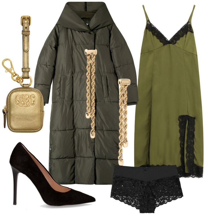 Outfit donna - Soiree’ a deux. Stile Sexy per Serata fuori. Abbinamento con culotte, cappotti, vestiti midi/longuette, orecchini, pochette, décolleté.