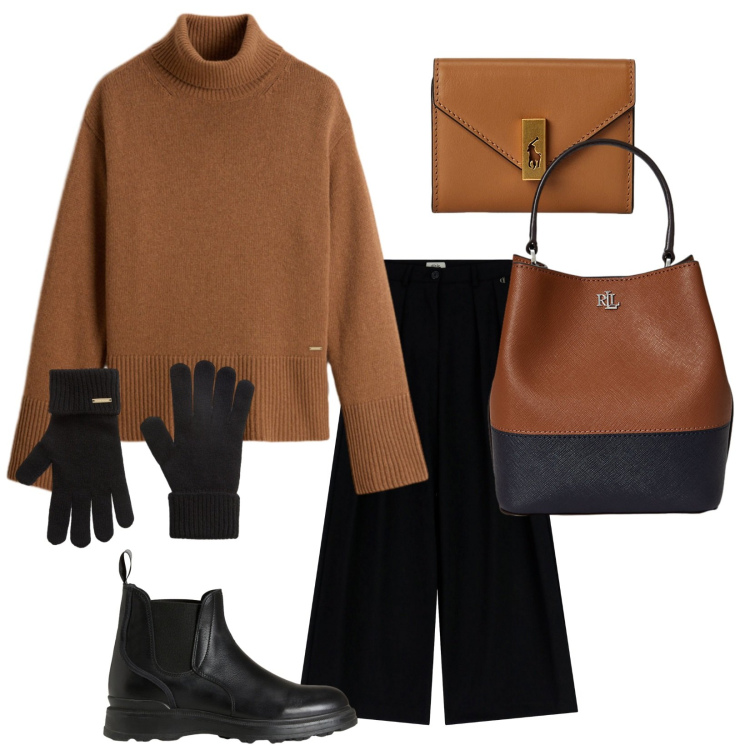 Outfit donna - In pura lana. Stile Basic per Tutti i giorni. Abbinamento con stivaletti, maglieria, guanti, pantaloni a palazzo, borse a secchiello, portafogli.