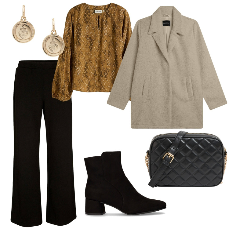 Outfit donna - Me. per Tutti i giorni. Abbinamento con pantaloni a palazzo, bluse, borse a tracolla, cappotti, orecchini, stivaletti.