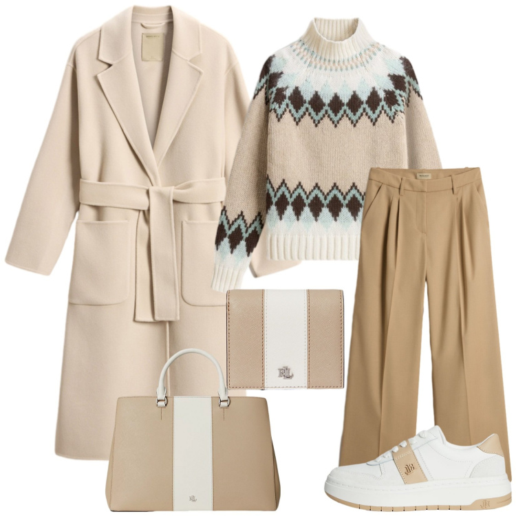 Outfit donna - Total look #2279097. Stile Urban per Tutti i giorni. Abbinamento con maglieria, cappotti, pantaloni, borse a mano, portafogli, sneakers.