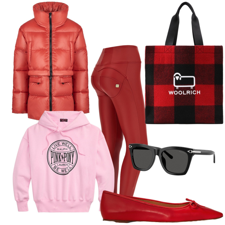 Outfit donna - Rosa sul rosso. Stile Sporty chic per Tutti i giorni. Abbinamento con pantaloni skinny, felpe con cappuccio, ballerine, occhiali da sole, piumini, borse tote.