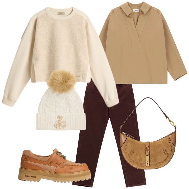 Outfit donna - Toni caldi. Stile Casual per Tutti i giorni. Abbinamento con felpe, mocassini, camicie, pantaloni, borse a spalla, berretti.