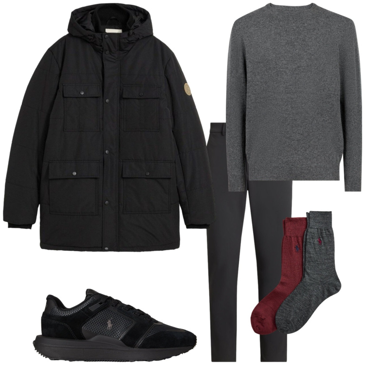 Outfit uomo - Parka impermeabile. Stile Casual per Tutti i giorni. Abbinamento con parka, pantaloni, sneakers, calzini, maglieria.