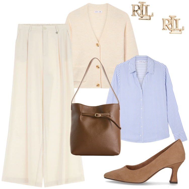 Outfit donna - Total look #2279105. Stile Bon Ton per Ufficio. Abbinamento con borse a mano, cardigans, camicie, pantaloni a palazzo, orecchini, décolleté.