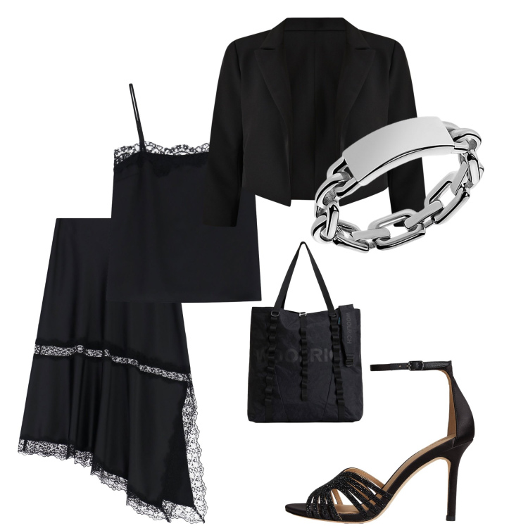Outfit donna - Total black. Stile Chic per Serata fuori. Abbinamento con bolero, gonne lunghe, canottiere, anelli, sandali gioiello, borse tote.