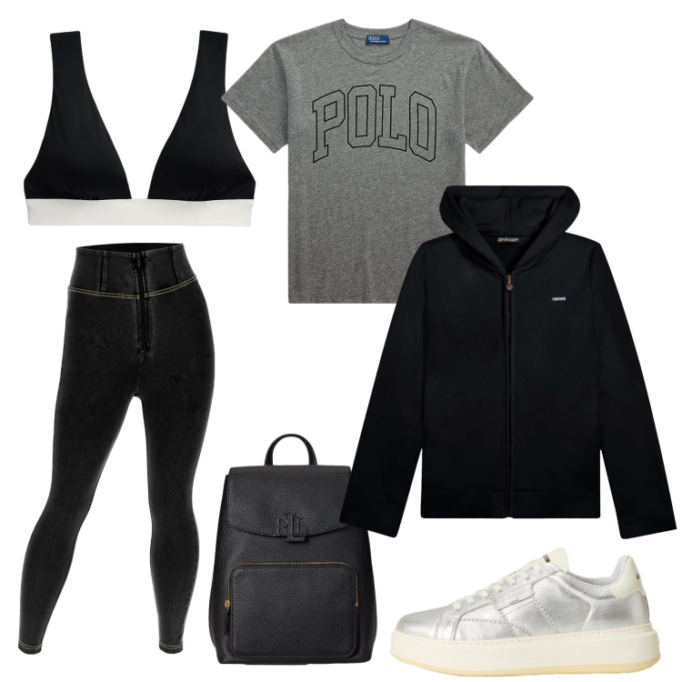 Outfit donna - In palestra. Stile Basic per Sport. Abbinamento con jeggings, felpe con cappuccio, top, t-shirt, zaini, sneakers.