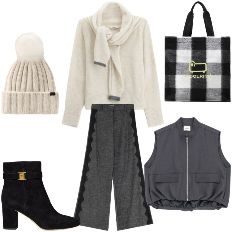 Outfit donna - Myself. Stile Casual chic per Tutti i giorni. Abbinamento con maglieria, blazer, pantaloni a palazzo, stivaletti, berretti, borse tote.