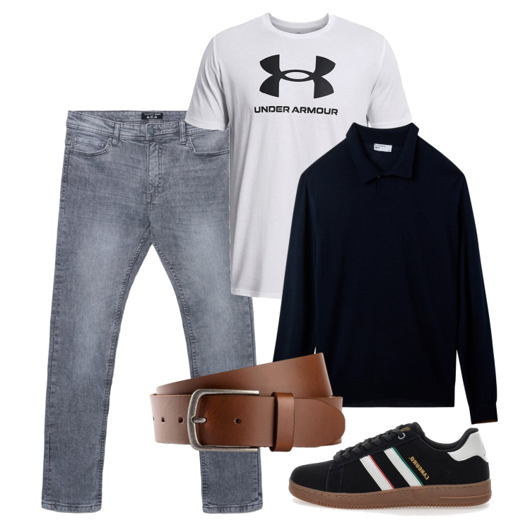 Outfit uomo - Novembre in jeans. Stile Casual per Tutti i giorni. Abbinamento con cinture, jeans skinny, polo, maglieria, sneakers.