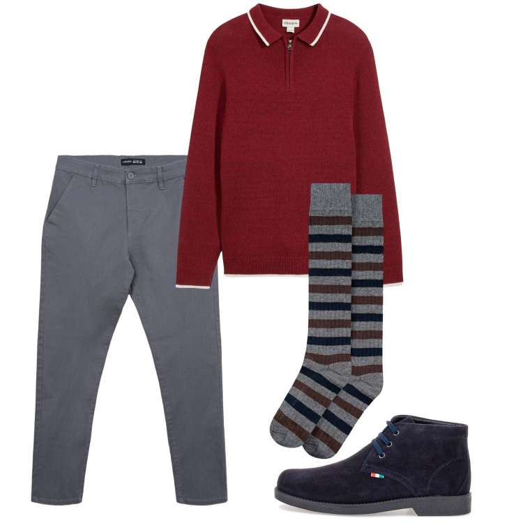 Outfit uomo - Novembre. Stile Casual per Tutti i giorni. Abbinamento con maglieria, pantaloni chino, calzini, stivali e stivaletti.