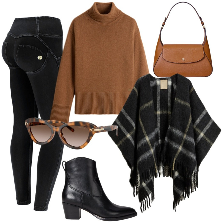 Outfit donna - Outfit giorno. Stile Casual chic per Tutti i giorni. Abbinamento con jeggings, stivaletti, borse a spalla, occhiali da sole, cappe, maglieria.