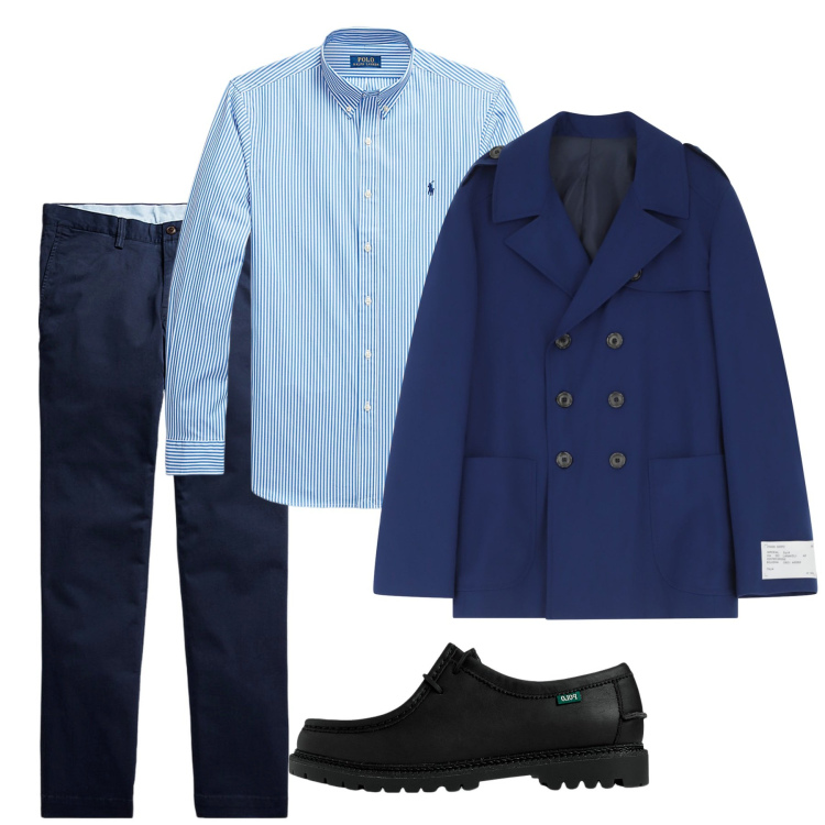 Outfit uomo - Autunno. Stile Trendy per Tutti i giorni. Abbinamento con caban, pantaloni, scarpe stringate, camicie.