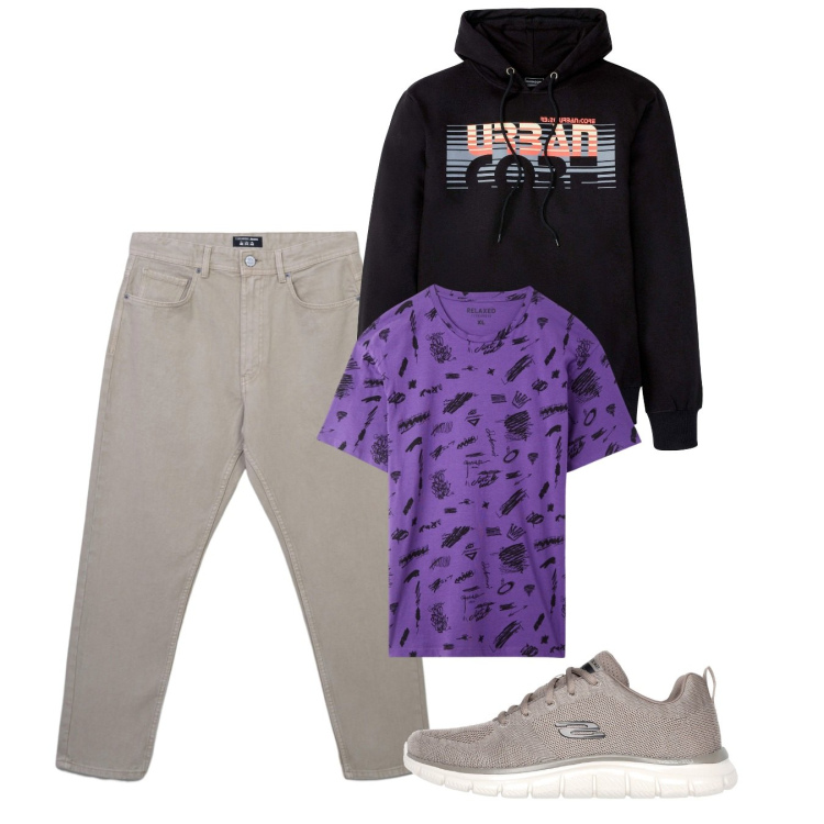Outfit uomo - Autunno. Stile Urban per Tutti i giorni. Abbinamento con felpe con cappuccio, t-shirt, jeans, sneakers.