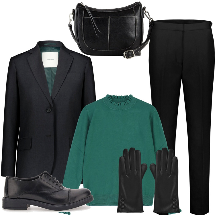 Outfit donna - Riunione lavoro in stile mannish. Stile Mannish per Ufficio. Abbinamento con borse a tracolla, guanti, maglieria, blazer, pantaloni chino, scarpe stringate.