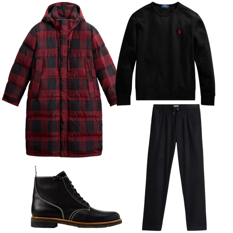 Outfit uomo - Total look #2279194. Stile Trendy per Tutti i giorni. Abbinamento con felpe, stivali, parka, pantaloni.