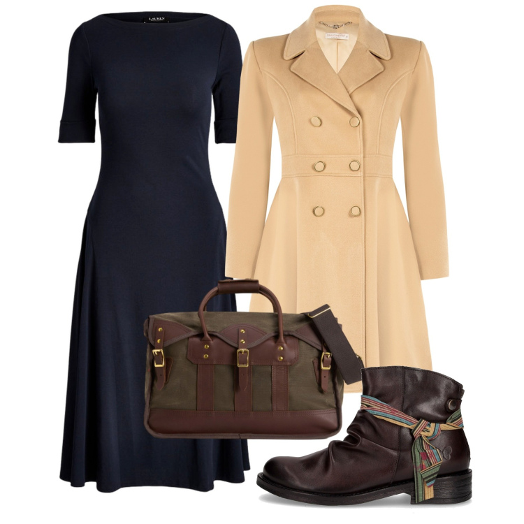 Outfit donna - L\'abito blu. Stile Bon Ton per Ufficio. Abbinamento con cappotti, vestiti, borse a tracolla, stivaletti chelsea.