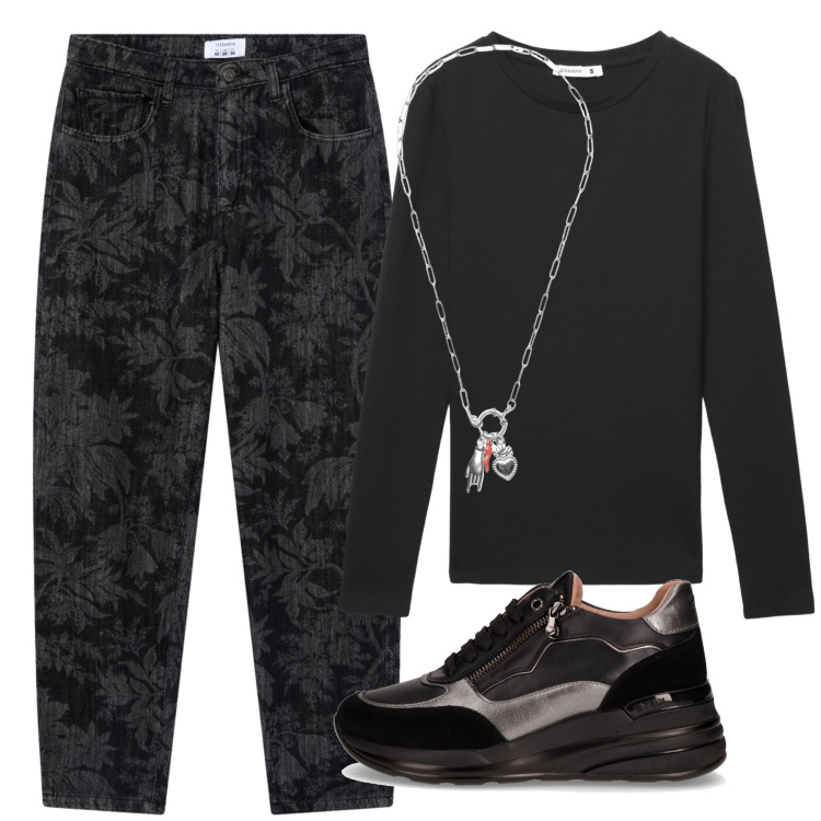 Outfit donna - Lucky. Stile Minimal per Tutti i giorni. Abbinamento con t-shirt, jeans, ciondoli, sneakers alte.