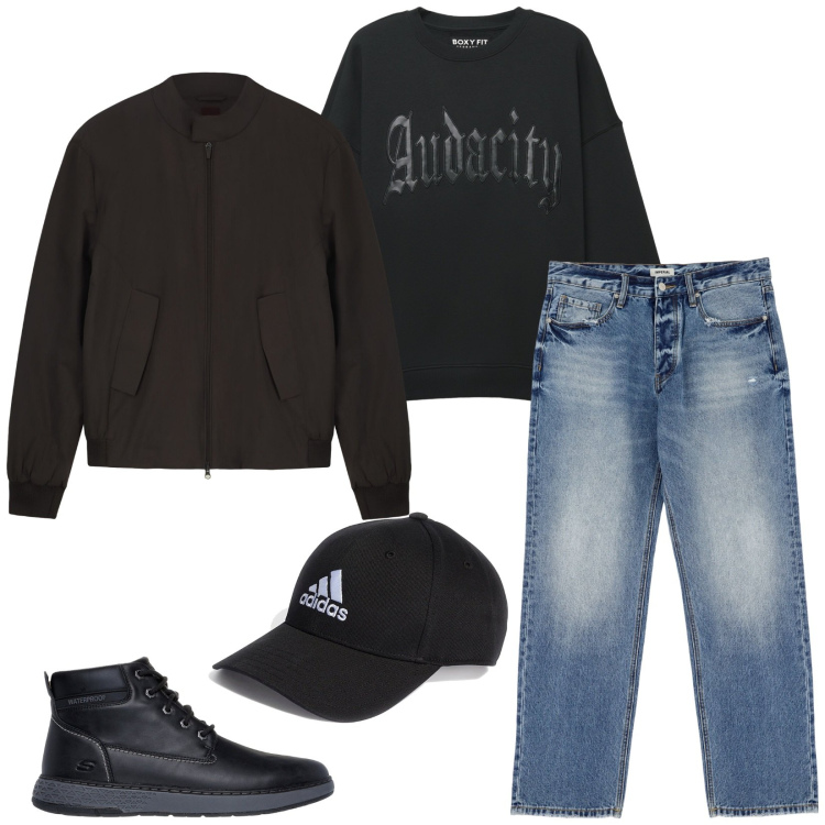 Outfit uomo - Audacity. Stile Casual per Tutti i giorni. Abbinamento con felpe, jeans, stivali e stivaletti, cappelli con visiera, bomber.