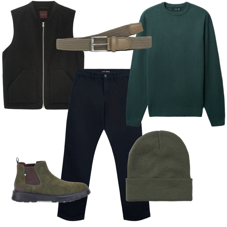 Outfit uomo - Verde profondo. Stile Casual per Tutti i giorni. Abbinamento con cinture, maglieria, pantaloni chino, berretti, stivali e stivaletti, piumini.