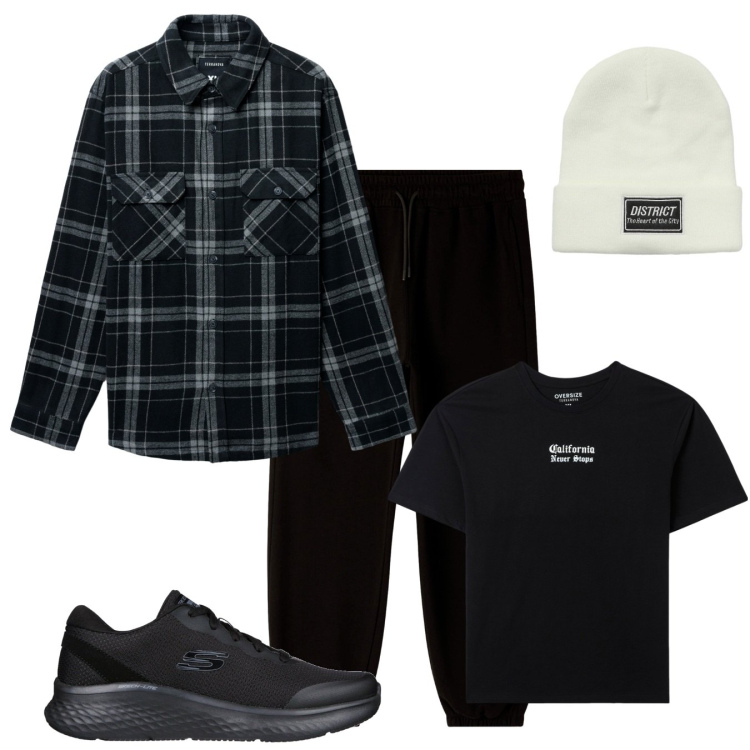 Outfit uomo - Nero weekend. Stile Casual per Tutti i giorni. Abbinamento con cappotti, pantaloni, berretti, t-shirt, sneakers.