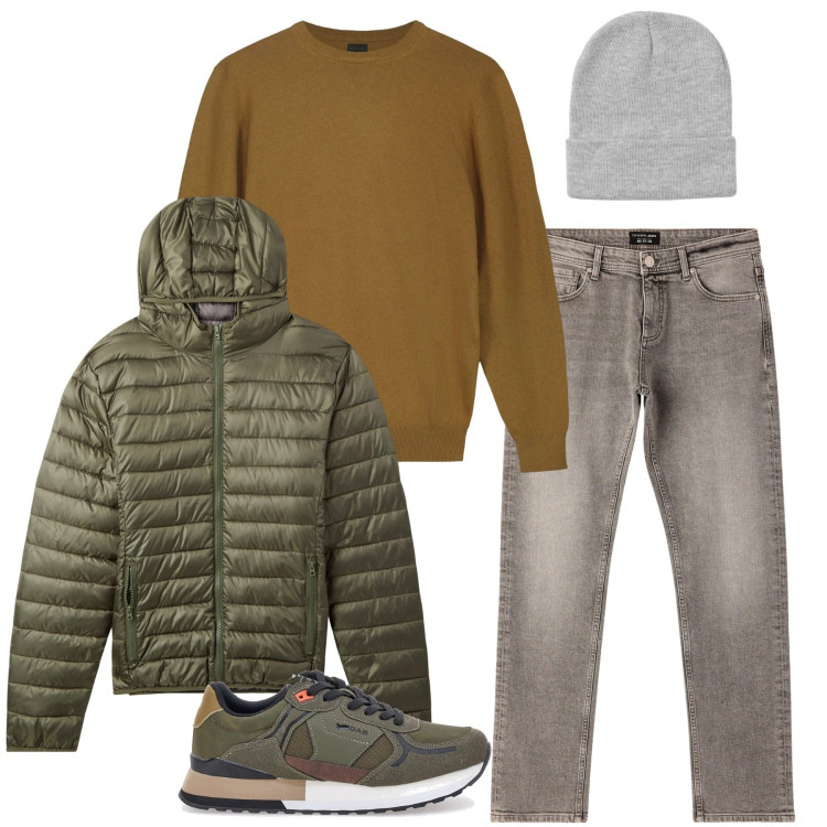 Outfit uomo - Il piumino verde oliva. Stile Casual per Tutti i giorni. Abbinamento con jeans, berretti, piumini, maglieria, sneakers.