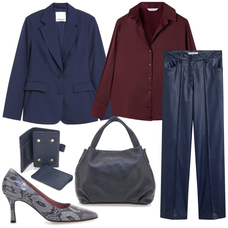Outfit donna - Mix di tessuti. Stile Casual chic per Ufficio. Abbinamento con blazer, pantaloni, camicie, décolleté, portafogli, borse a spalla.
