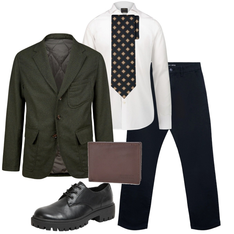 Outfit uomo - Una serata. Stile Business/Elegante per Serata speciale. Abbinamento con scarpe stringate, pantaloni chino, camicie, portafogli, cravatte, giacche.