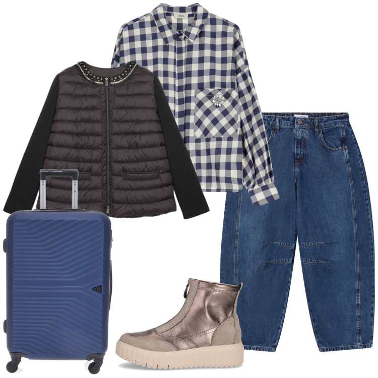 Outfit donna - Viaggio comoda/natale a Miami. Stile Sporty chic per Tutti i giorni. Abbinamento con jeans, camicie, piumini, stivaletti chelsea, valigie.