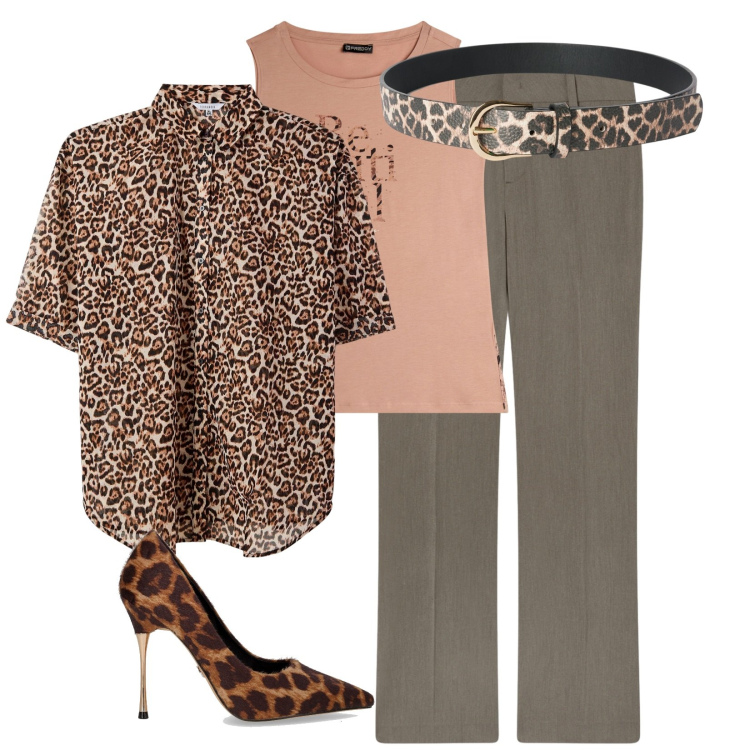 Outfit donna - Protagonista del giorno. Stile Casual chic per Ufficio. Abbinamento con camicie, cinture, pantaloni, canottiere, décolleté.