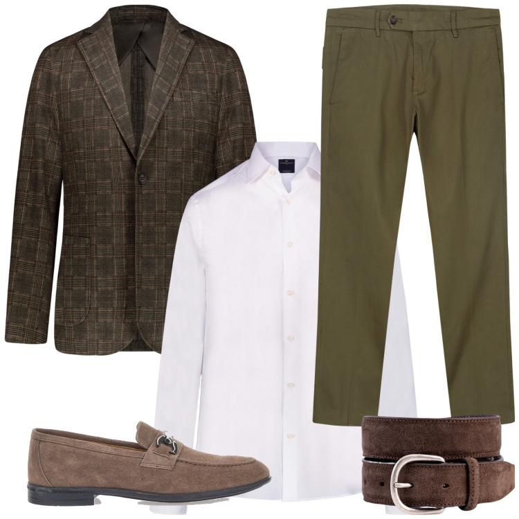 Outfit uomo - Cavaliere moderno. Stile Trendy per Serata speciale. Abbinamento con giacche, camicie, pantaloni chino, scarpe stringate, cinture.