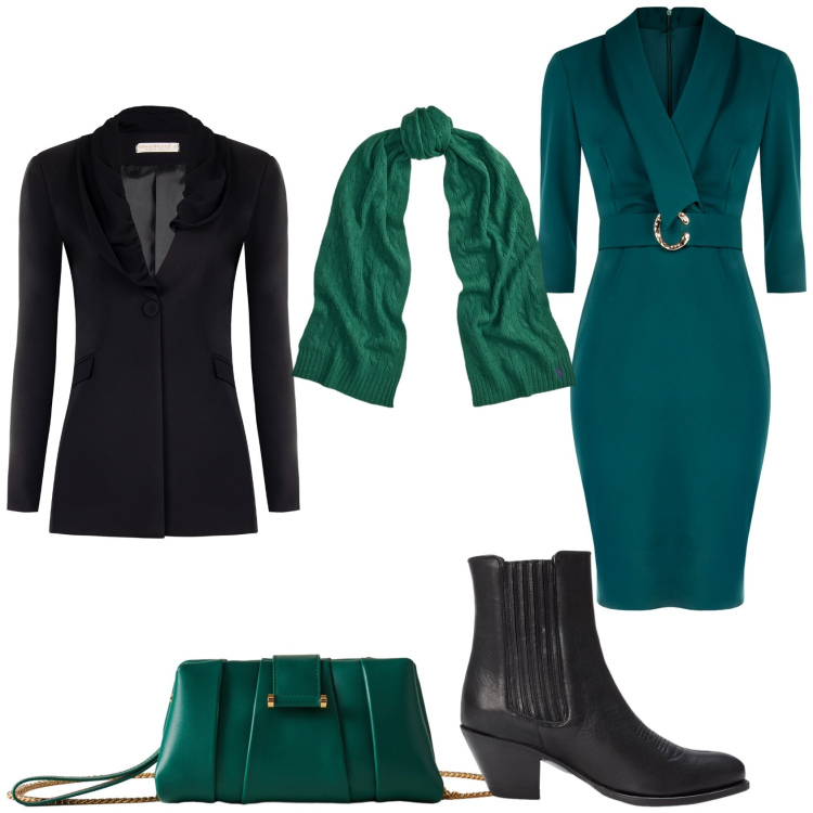 Outfit donna - Lunedi\' in verde e nero. Stile Casual chic per Ufficio. Abbinamento con blazer, vestiti a tubino, pochette, stivaletti texani, sciarpe.