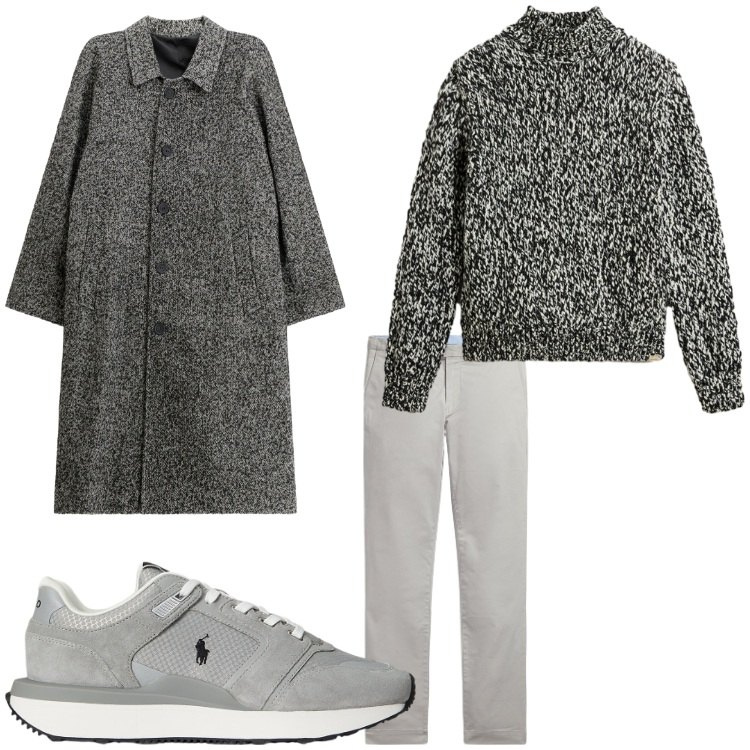 Outfit uomo - Cappotto e sneakers. Stile Business/Elegante per Serata speciale. Abbinamento con cappotti, pantaloni, sneakers, maglieria.