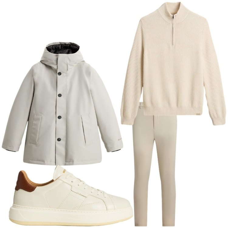 Outfit uomo - Neutro. Stile Casual per Tutti i giorni. Abbinamento con pantaloni, maglieria, sneakers, parka.