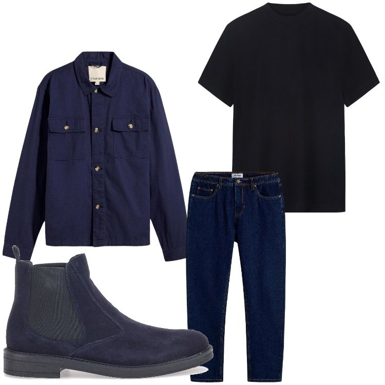 Outfit uomo - Tutto blu. Stile Casual per Tutti i giorni. Abbinamento con jeans dritti, giacche, stivali e stivaletti, t-shirt.