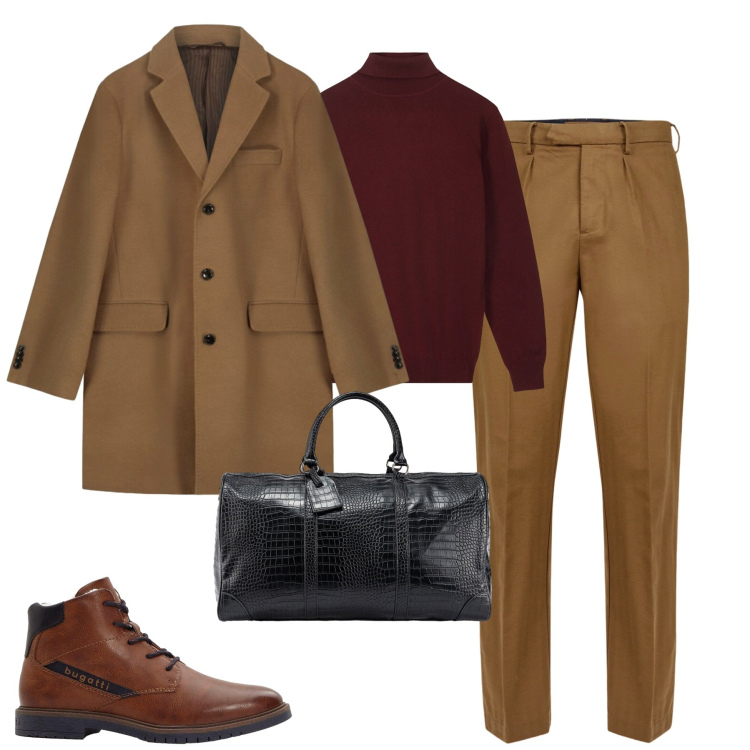 Outfit uomo - City. Stile Business/Elegante per Tutti i giorni. Abbinamento con anfibi, pantaloni, maglieria, borse sportive, cappotti.