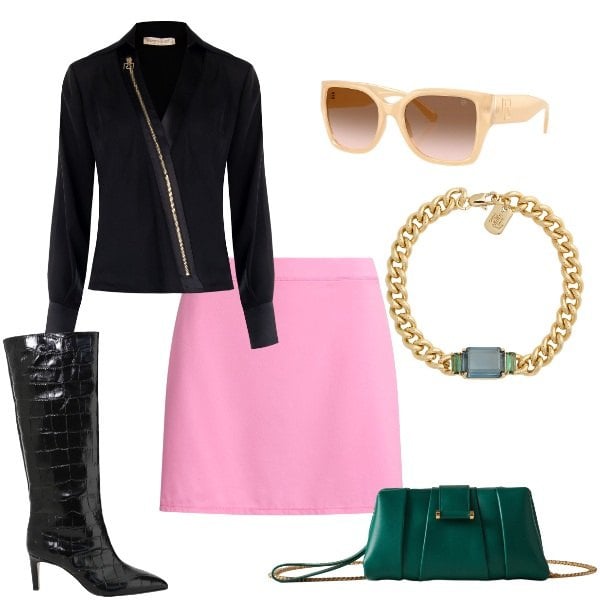 Outfit donna - il mio stile. Stile Glamour per Tutti i giorni. Abbinamento con bluse, stivali, pochette, occhiali da sole, braccialetti, minigonne.