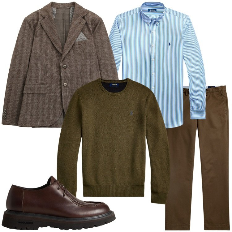 Outfit uomo - Novembre in tweed. Stile Business/Elegante per Ufficio. Abbinamento con giacche, maglieria, pantaloni chino, camicie, scarpe stringate.
