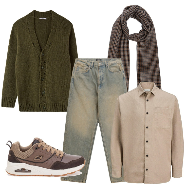 Outfit uomo - Pomeriggio. Stile Casual per Tutti i giorni. Abbinamento con camicie, cardigans, jeans, sneakers, sciarpe.