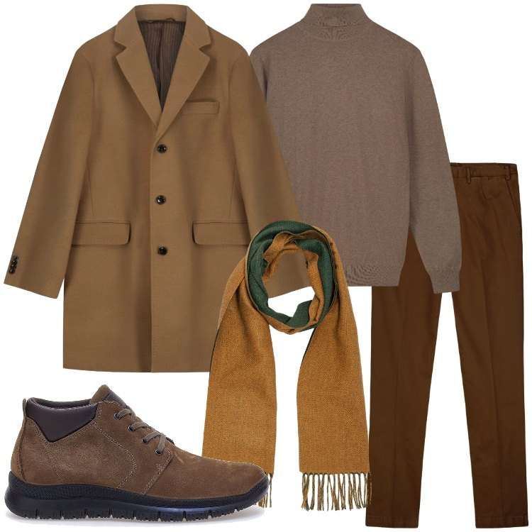 Outfit uomo - Lo stile del caffè mattutino. Stile Business/Elegante per Tutti i giorni. Abbinamento con cappotti, scarpe stringate, maglieria, sciarpe, pantaloni.