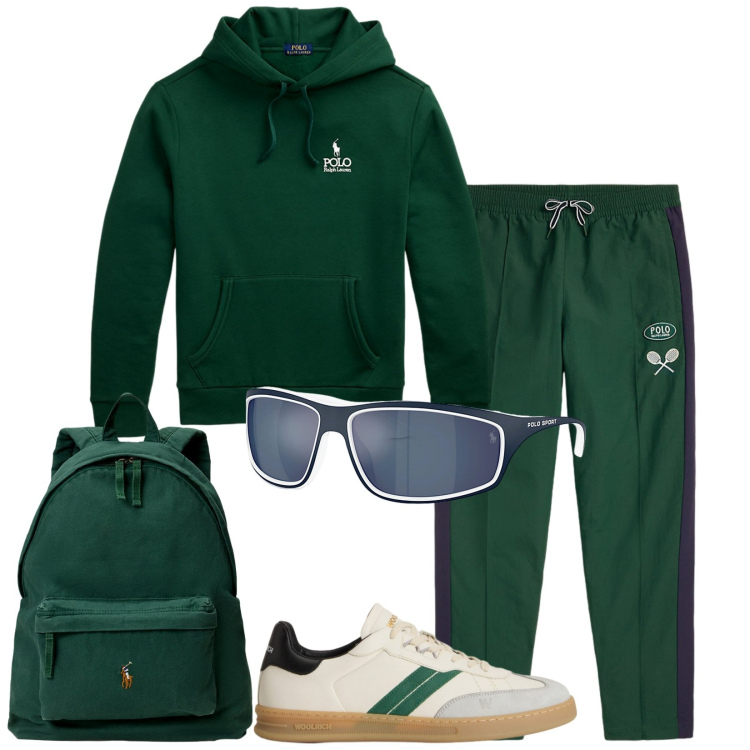 Outfit uomo - Total look #2279387. Stile Trendy per Sport. Abbinamento con occhiali da sole, felpe con cappuccio, borse sportive, pantaloni, sneakers.