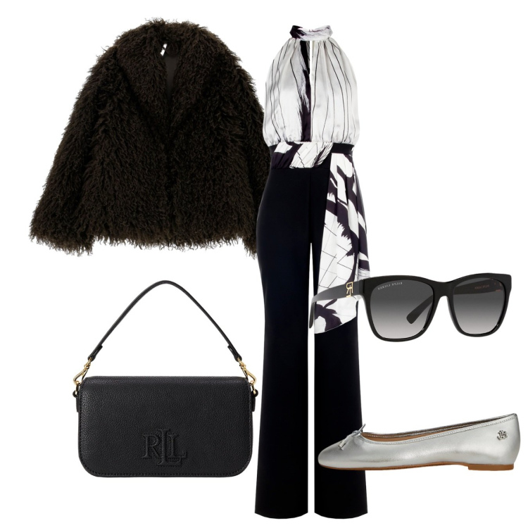 Outfit donna - Nero raffinato. Stile Casual chic per Serata fuori. Abbinamento con tute, ecopellicce, occhiali da sole, ballerine, borse a spalla.