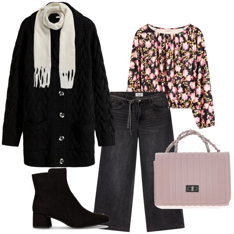 Outfit donna - Total look #2279391. Stile Casual per Tutti i giorni. Abbinamento con cardigans, bluse, jeans, sciarpe, borse a tracolla, stivaletti.