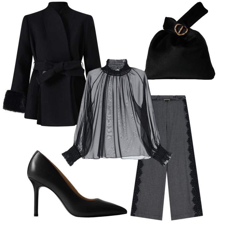 Outfit donna - Sera a teatro. Stile Chic per Serata fuori. Abbinamento con cappotti, pantaloni a palazzo, borse a mano, camicie, décolleté.